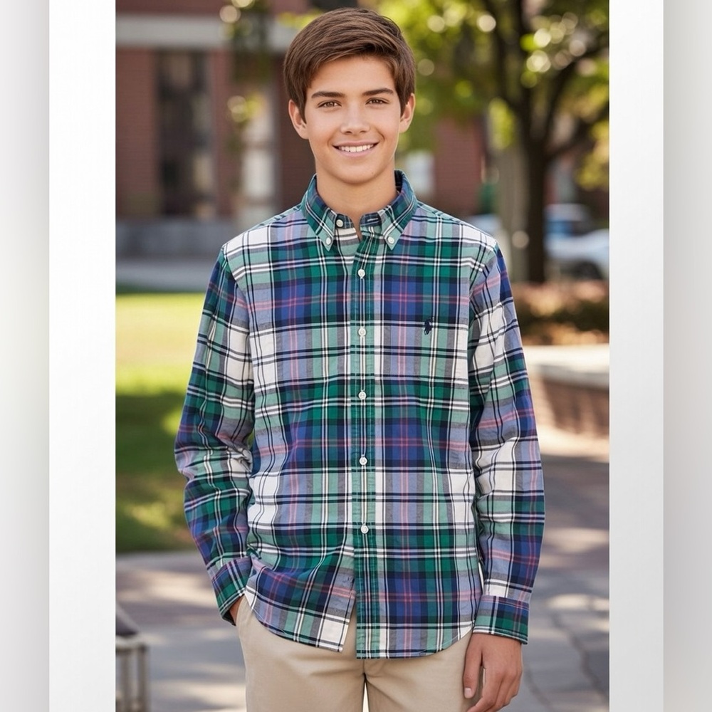 Ralph Lauren Boys Multicolor Plaid Shirt size L (14-16) Preppy Embroidered Logo